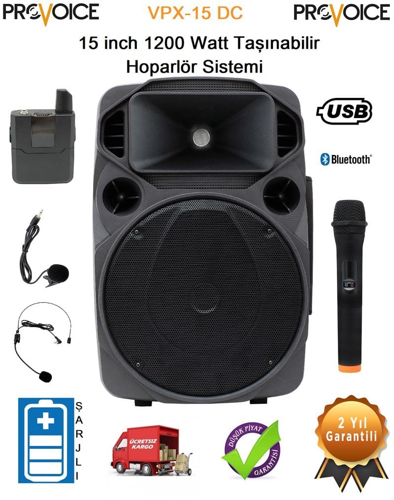 Provoice VPX-15 DC 15 İnç 1200 Watt Taşınabilir Hoparlör Sistemi