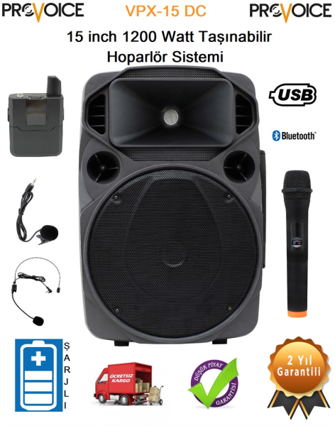 Provoice VPX-15 DC 15 İnç 1200 Watt Taşınabilir Hoparlör Sistemi