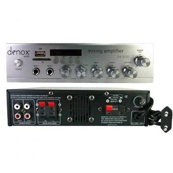 Denox DX-505S 2x50W 8 Ohm 2 Mic Girişli LED Ekranlı Stereo Amfi