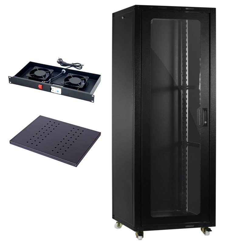 Provoice 19 İnç 20U Tekerlekli Camlı 600x600 Rack Kabinet+ Fan+ Sabit Raf