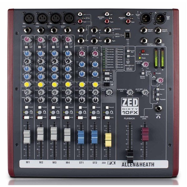 Allen Heath ZED60-10FX 4 mic/line inputs, 2 stereos, 60mm faders, USB, FX