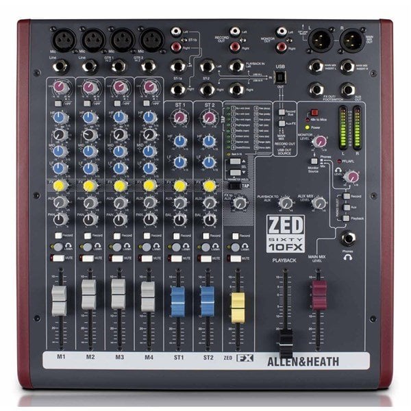 Allen Heath ZED60-10FX 4 mic/line inputs, 2 stereos, 60mm faders, USB, FX