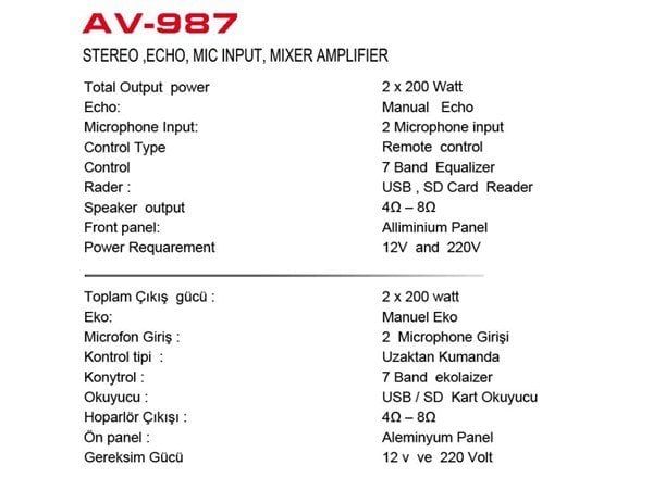 Osawa AV 987 2x200W Usb/Sd Stereo Anfi