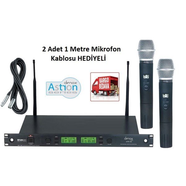 Denox ATR-720 El UHF Band Çift El Tipi Kablosuz Mikrofon Seti