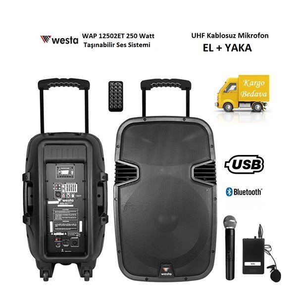 Westa WAP 12502ET 12 İnch 250 Watt Taşınabilir Ses Sistemi El + Yaka