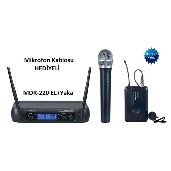 Denox MDR-220 EL+Yaka Tipi UHF Band Telsiz Mikrofon Seti