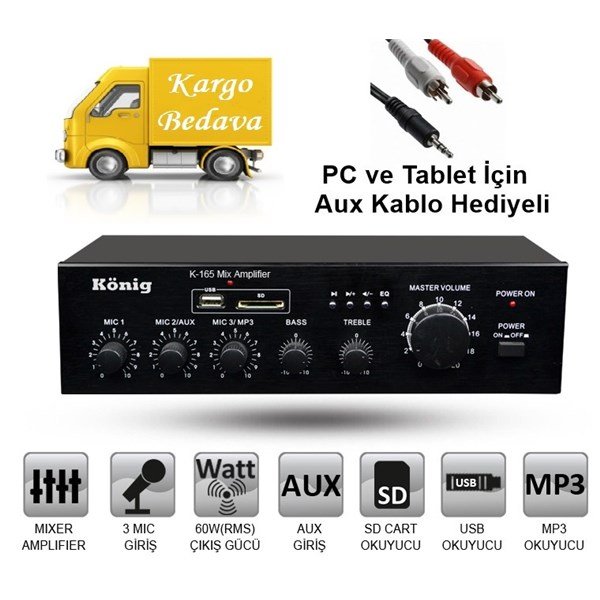 König K165 3-Girişli USB li 100V 120W Amplifikatör