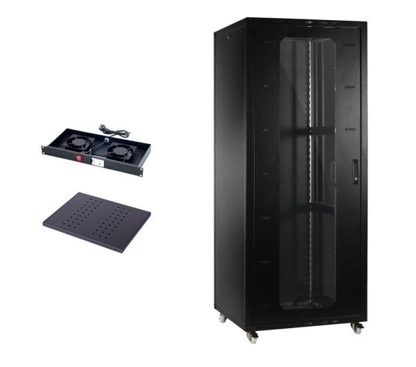 Provoice 19'' 44U Tekerlekli Camlı Rack Kabinet+ Fan+ Sabit Raf 800x1000