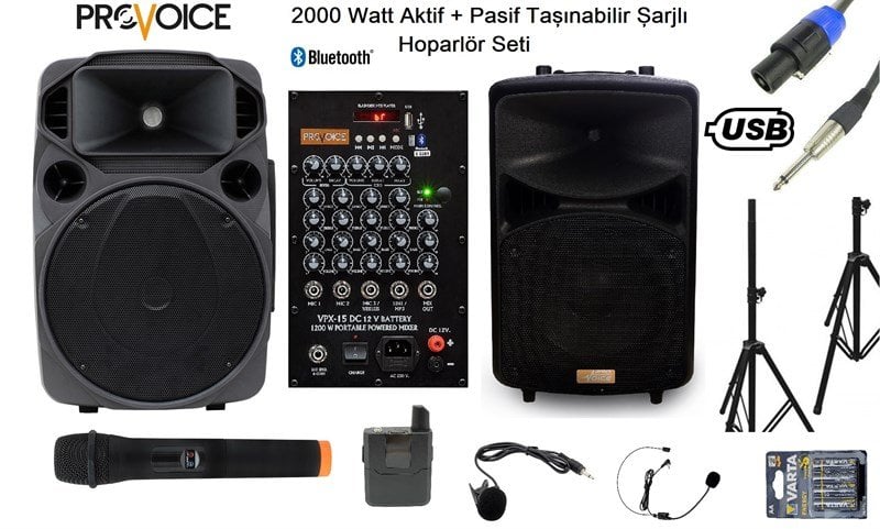 Provoice VPX-15 DCW 15 İnç 800 Watt Pasif + 15 İnç 1200 Watt Aktif Hoparlör Seti