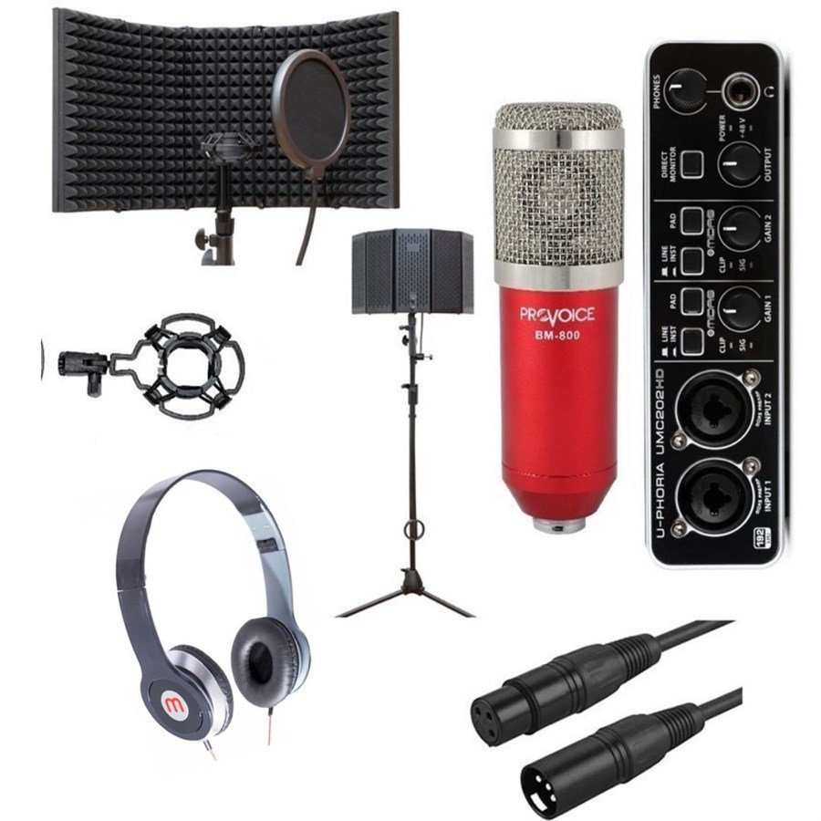 Behringer UMC202HD Ses Kartı +Panasonic Kulaklık+ Provoice BM-800 Mikrofon, Yalıtım Paneli Kayıt Seti Kırmızı