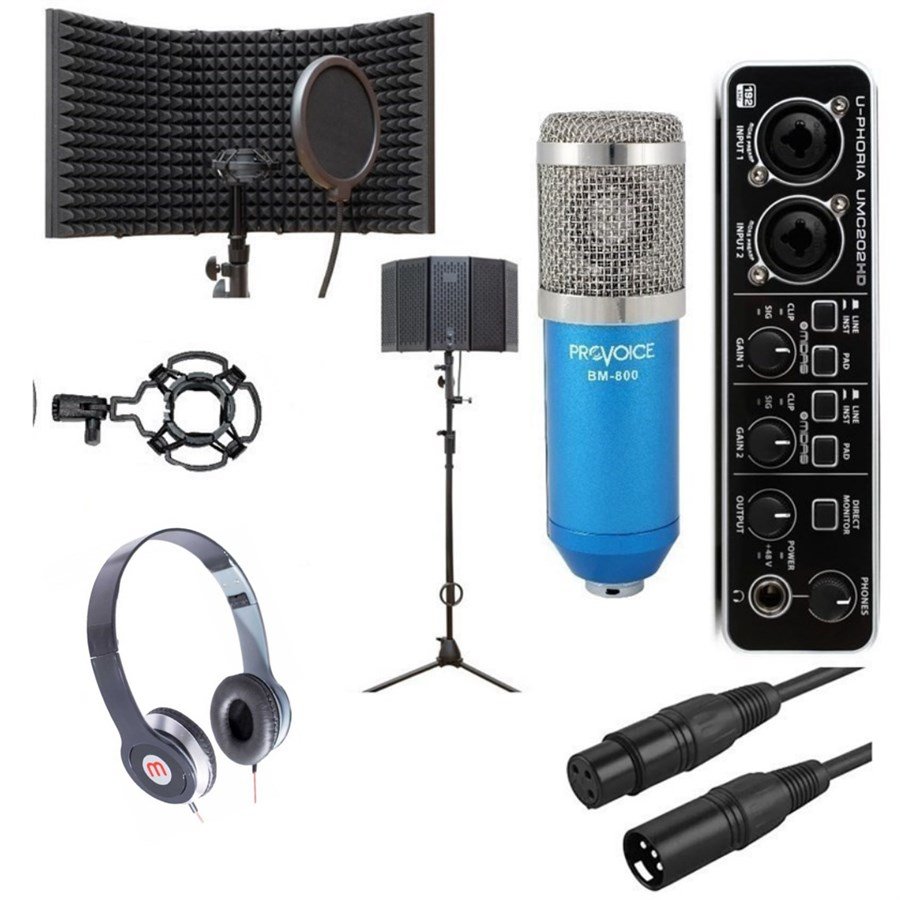 Behringer UMC202HD Ses Kartı +Panasonic Kulaklık+ Provoice BM-800 Mikrofon, Yalıtım Paneli Kayıt Seti Mavi