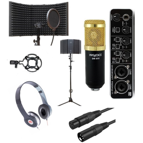 Behringer UMC202HD Ses Kartı +Panasonic Kulaklık+ Provoice BM-800 Mikrofon, Yalıtım Paneli Kayıt Seti Siyah