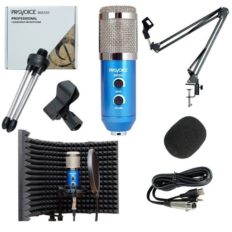 Provoice BM-300 Mikrofon + AS-21 Stand + Yalıtım Paneli + Pop Filtre Mavi