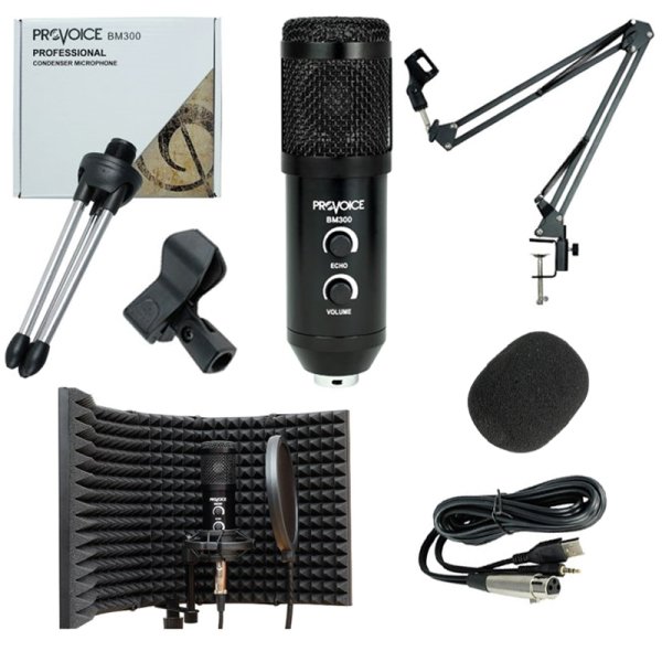 Provoice BM-300 Mikrofon + AS-21 Stand + Yalıtım Paneli + Pop Filtre Siyah