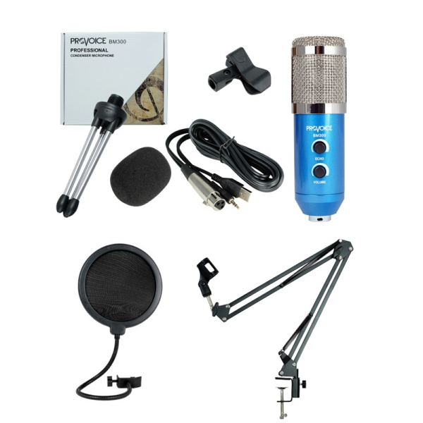 Provoice BM-300 Stüdyo Mikrofon+ AS-21 Stand+ Pop Filtre Full Set Mavi