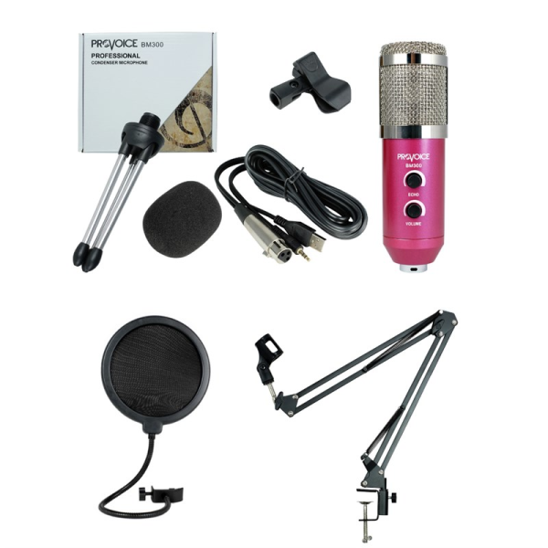 Provoice BM-300 Stüdyo Mikrofon+ AS-21 Stand+ Pop Filtre Full Set Pembe