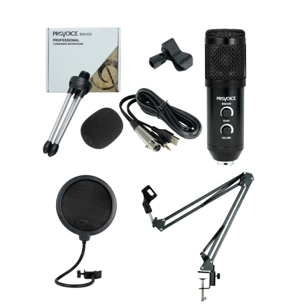 Provoice BM-300 Stüdyo Mikrofon+ AS-21 Stand+ Pop Filtre Full Set Siyah