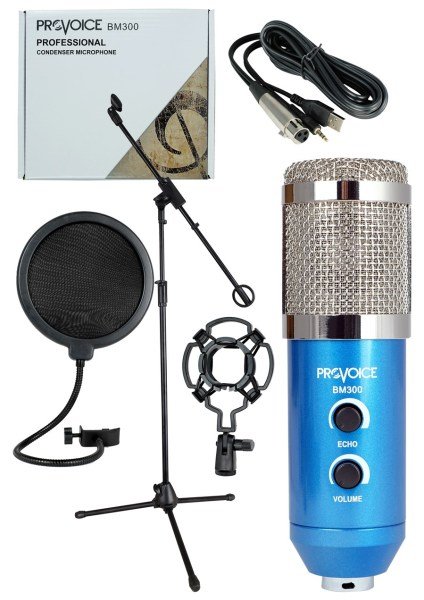Provoice BM-300 Kayıt Mikrofonu+ Stand+ Pop Fitre + Shock Mount Mavi