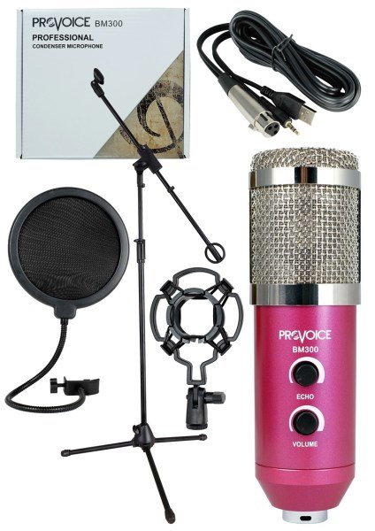 Provoice BM-300 Kayıt Mikrofonu+ Stand+ Pop Fitre + Shock Mount Pembe