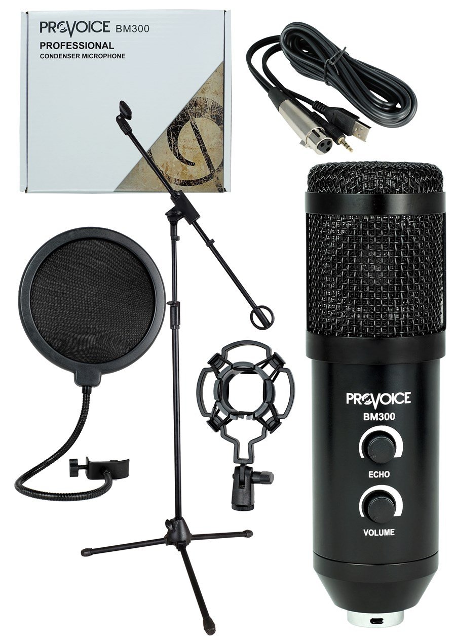 Provoice BM-300 Kayıt Mikrofonu+ Stand+ Pop Fitre + Shock Mount Siyah
