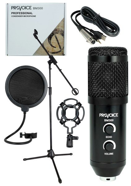 Provoice BM-300 Kayıt Mikrofonu+ Stand+ Pop Fitre + Shock Mount Siyah